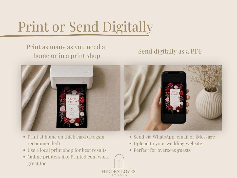 An infographic on a beige background with instructions for printing or sending the wedding stationery digitally via a printer or phone.