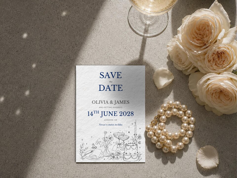 A Save the Date card placed on a gray surface alongside a pearl necklace, loose rose petals, pale pink peonies, and a glass of champagne.