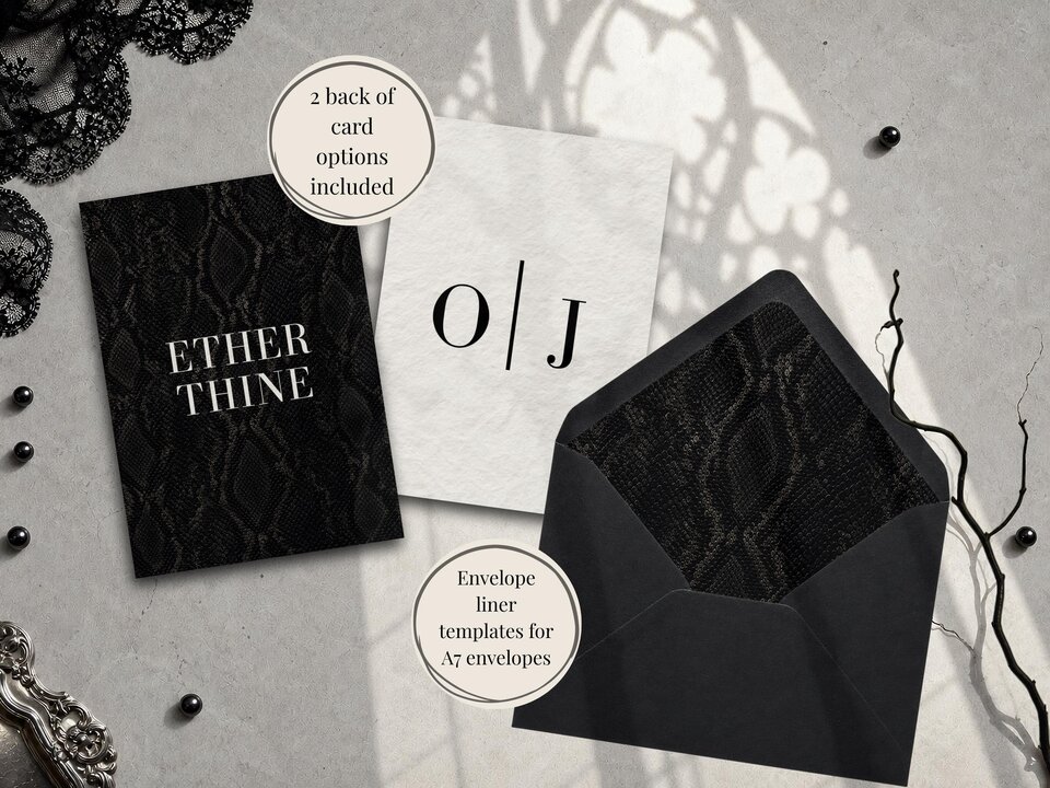 Stationery elements including a dark snake-print card, an invitation backer with monogram initials OJ, and a black envelope with a matching snake-print liner.
