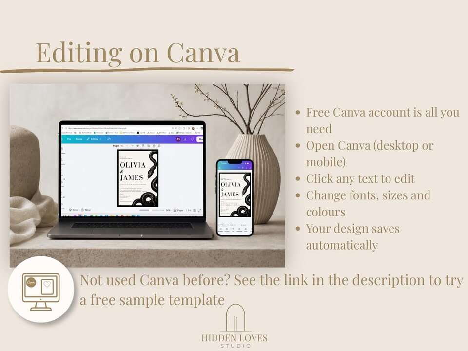 An instructional slide showing a laptop and smartphone displaying the Canva editing interface with steps for editing the template.
