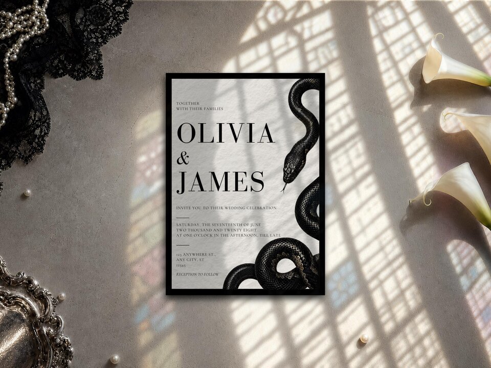 A wedding invitation with a black snake design rests on a neutral surface next to white flowers and dark lace.
