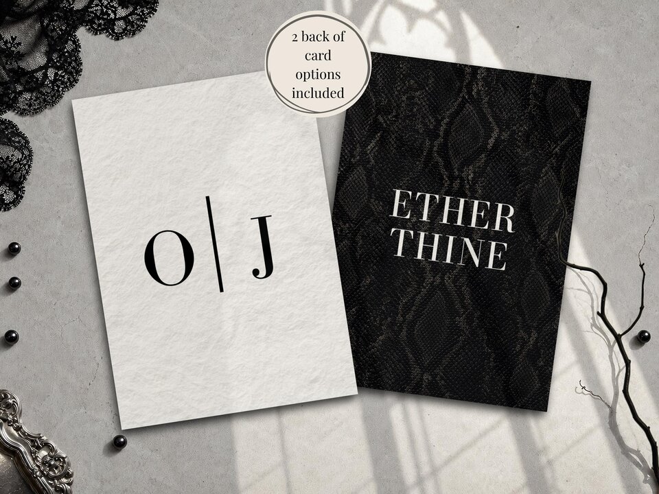 Two wedding card back options shown side by side, one with minimalist initials on textured white and the other with a dark snakeskin pattern.