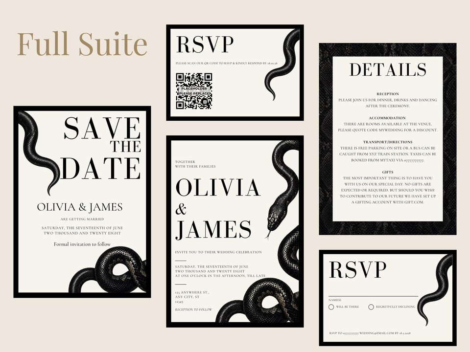 Full suite of wedding stationery featuring snake motifs across invitations, RSVP cards, and details cards.