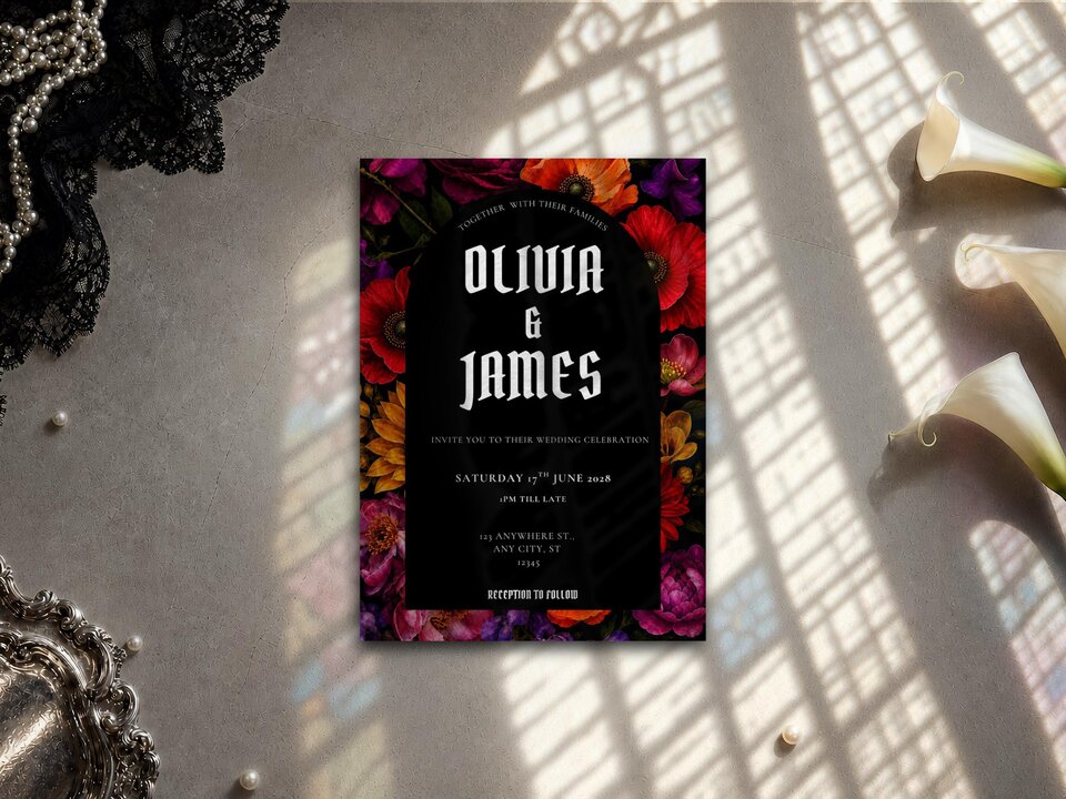 A gothic floral wedding invitation rests on a surface with window shadows, surrounded by white calla lilies, black lace, and silver decor.