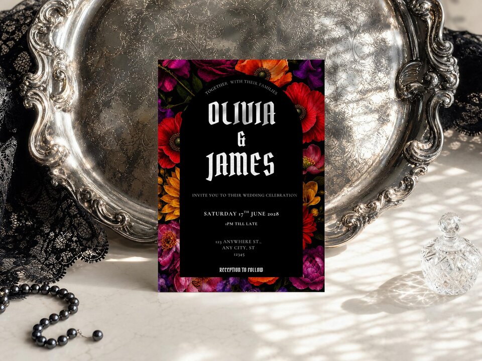 A gothic floral wedding invitation centered on a ornate silver tray next to black lace and black pearl beads.