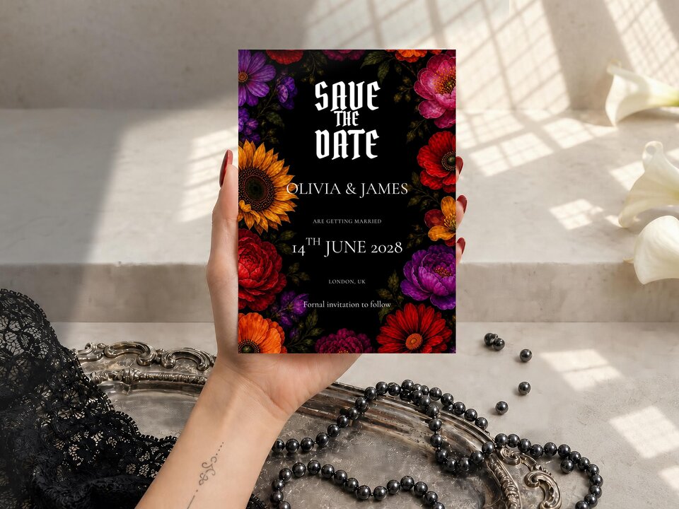 A hand holds a save the date card featuring gothic typography and a vibrant floral border.
