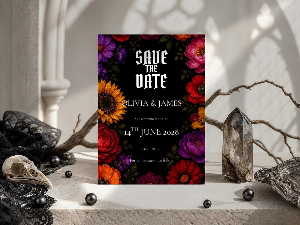A gothic save the date card stands vertically on a light surface decorated with crystals, a skull, and dark branches.