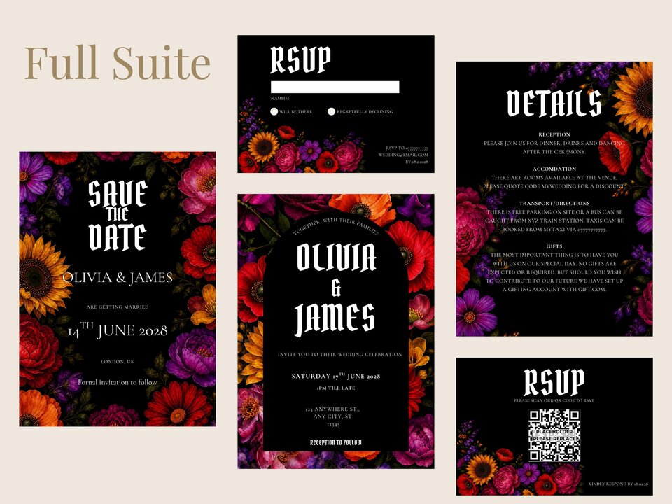 A collection of matching dark floral wedding stationery templates displayed against a pale background, titled Full Suite.