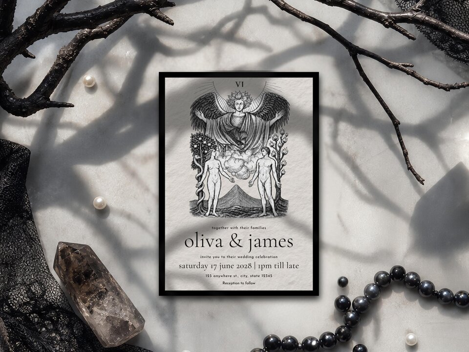 A tarot-themed wedding invitation displayed with black beads, a crystal point, white pearls, and dark branches.