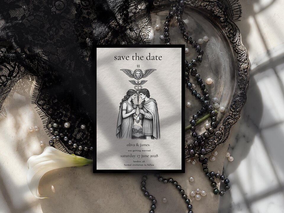 A save the date card featuring a vintage tarot illustration of two figures, styled with black lace, pearls, and a white lily.
