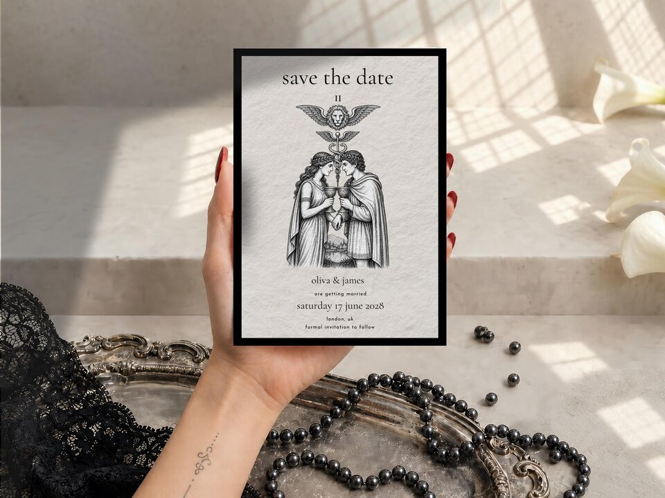 A hand holding a save the date card with tarot artwork, surrounded by black pearls and white flowers.