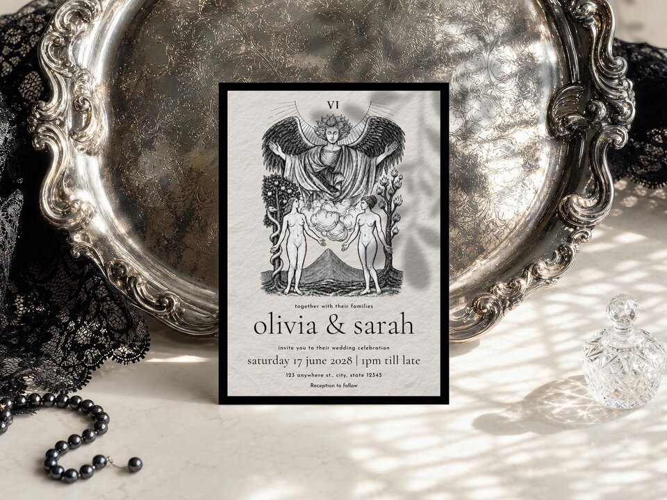 The tarot wedding invitation card standing vertically in front of a tarnished silver tray, black lace, and a crystal perfume bottle.