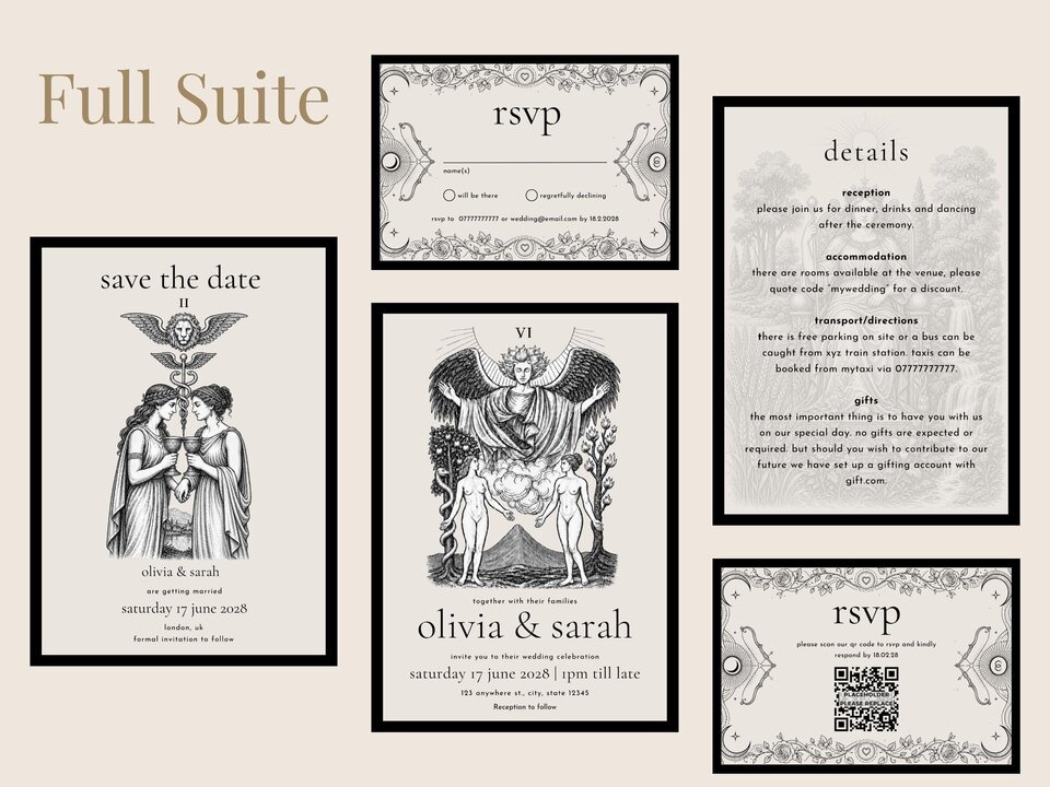 A full suite of wedding stationery including save the date, invitation, details, and RSVP cards with vintage black and white illustrations.