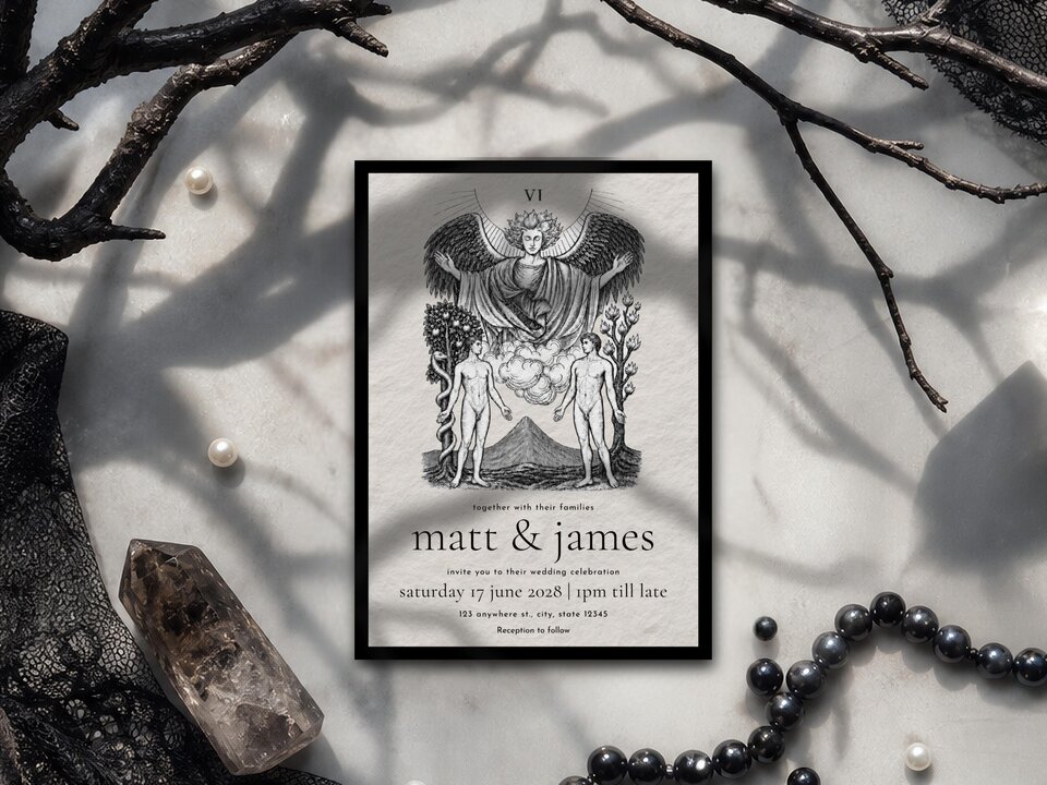 A tarot-themed wedding invitation card with a black border, placed flat among black beads, crystals, and twigs on a white marble surface.