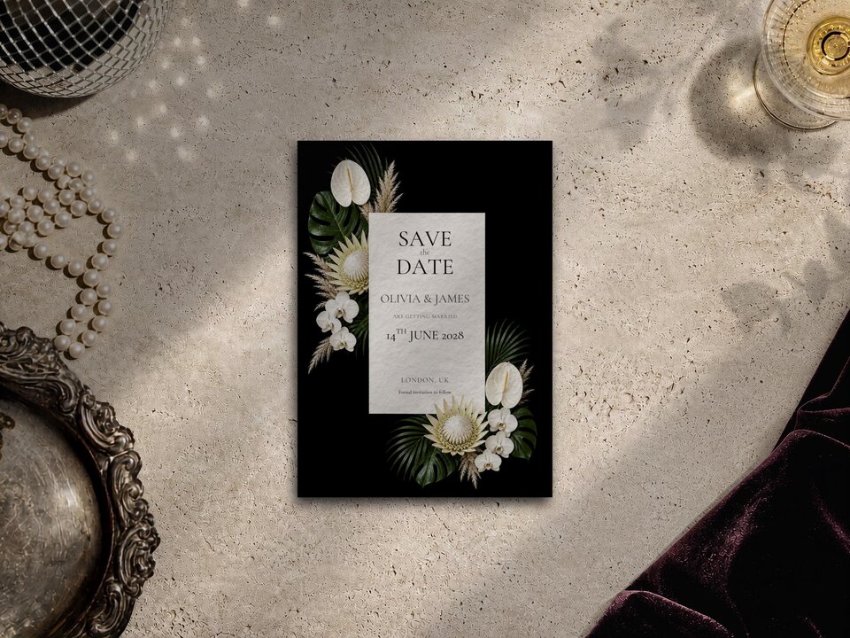 A black save the date card featuring white tropical flowers and a central white text box on a textured surface.