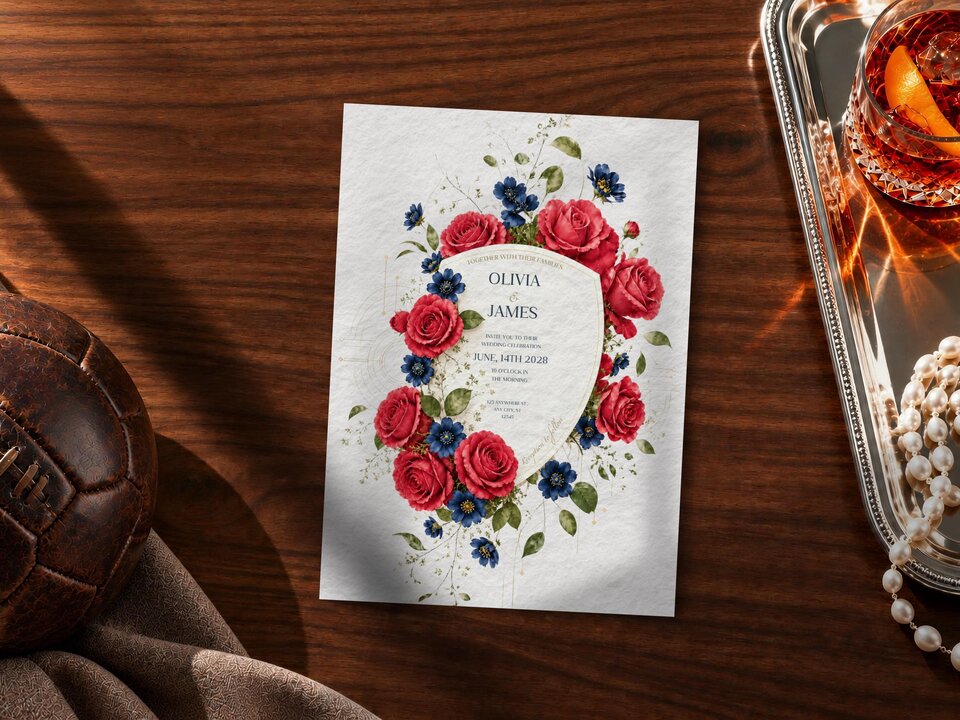 Football wedding invitation with red floral details, a cannon-inspired modern shield and subtle soccer heritage styling.