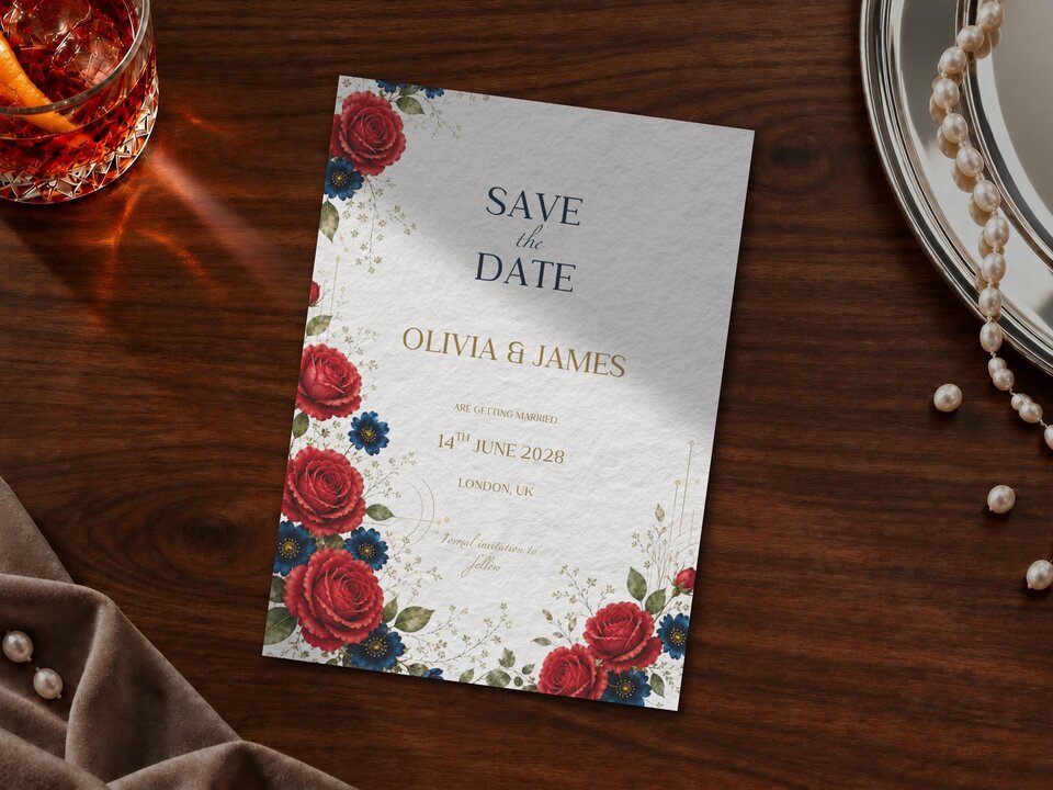 A single save the date invitation adorned with red and blue roses rests diagonally on a polished dark wood table next to a glass of whiskey and pearls.