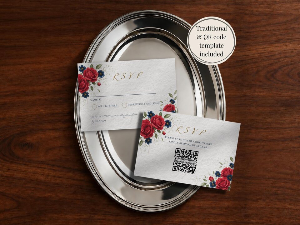 Two RSVP wedding cards with red and blue floral motifs resting on an oval silver tray over a dark wooden surface, with a text overlay in the corner.