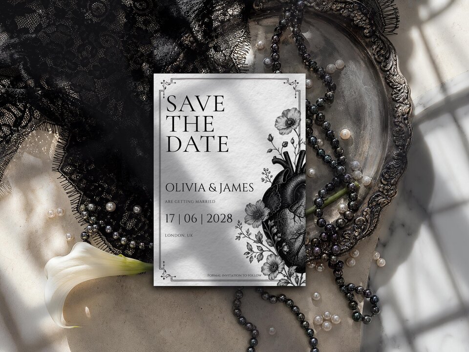 A Save the Date card featuring floral heart graphics and bold text, surrounded by black pearls, a white flower, and silver dishware.