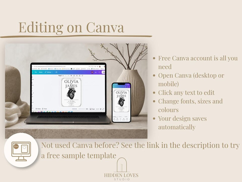A laptop and a mobile phone displaying the wedding template on a Canva editing screen next to a vase.