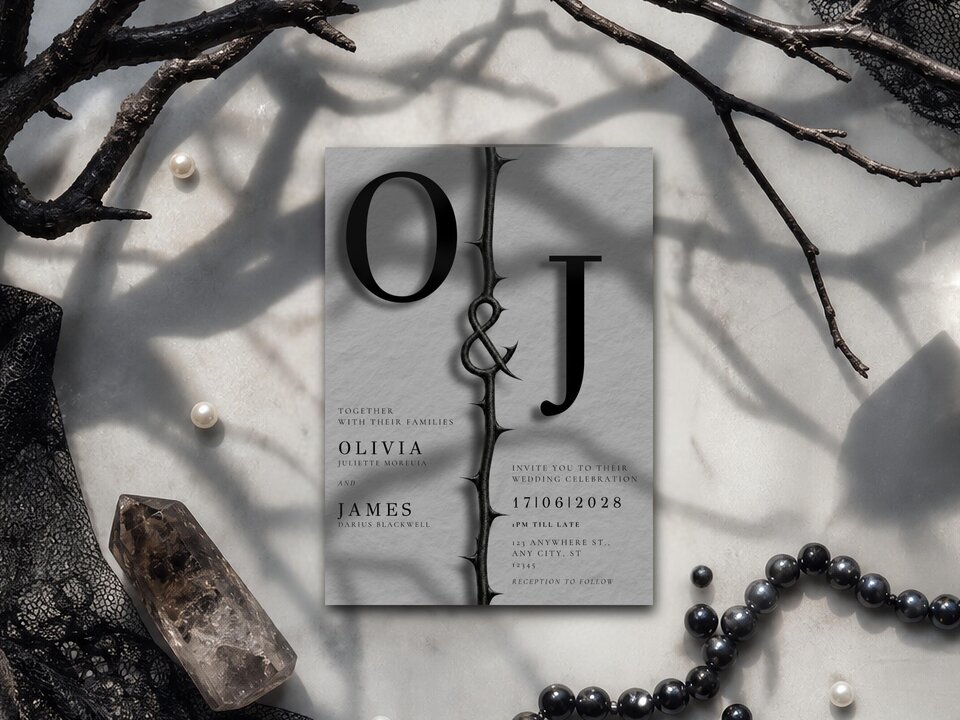 A wedding invitation is displayed on a marble surface near a crystal, black beads, and dark branches.