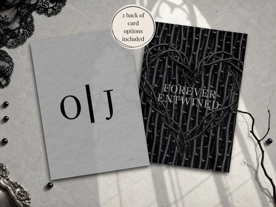 Two card options are shown with a grey front featuring initials and a black back featuring a thorny heart design and text reading forever entwined.