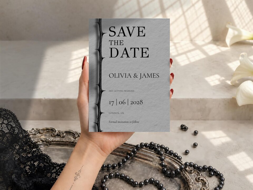 A hand holds a save the date card featuring a thorny vine graphic and text reading Save the Date.