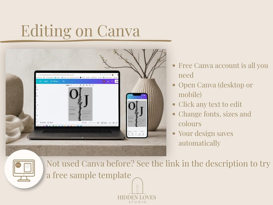A laptop and a smartphone display the Canva template editing screen on a desk next to a vase with branches.