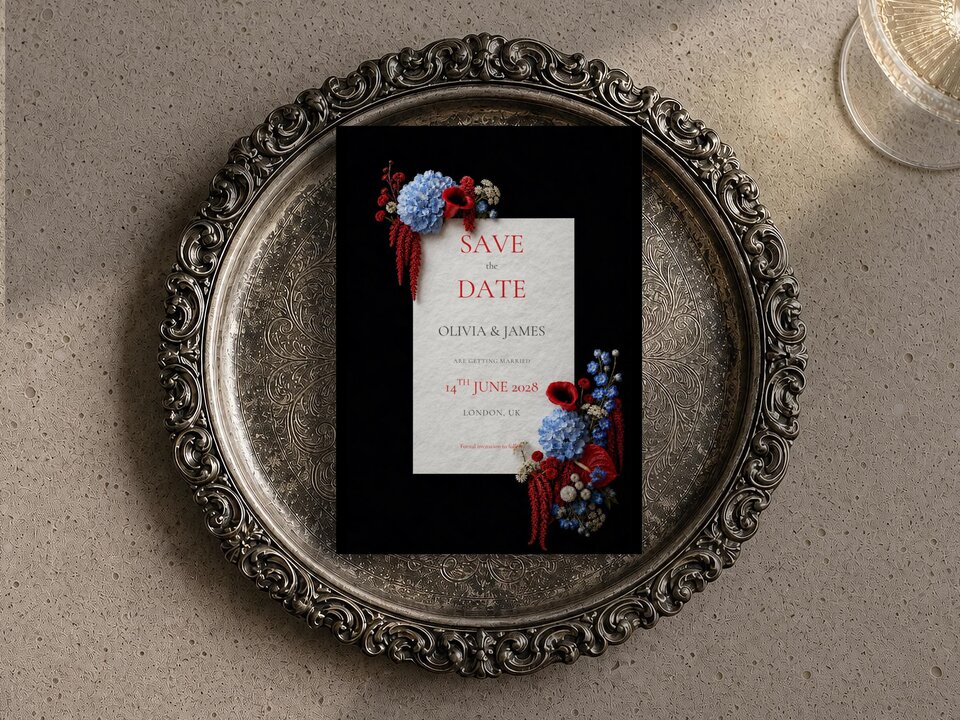 A Save the Date wedding template with red and blue florals on a black card, centered inside an ornate silver tray.