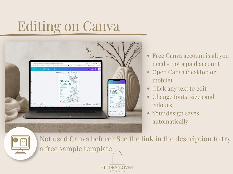 A laptop and smartphone displaying a wedding invitation template on a desk, accompanied by text instructions on editing in Canva.