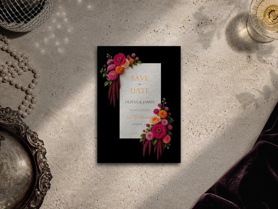 A Save the Date wedding card with vibrant pink and orange flowers on a black background lies on a textured surface.