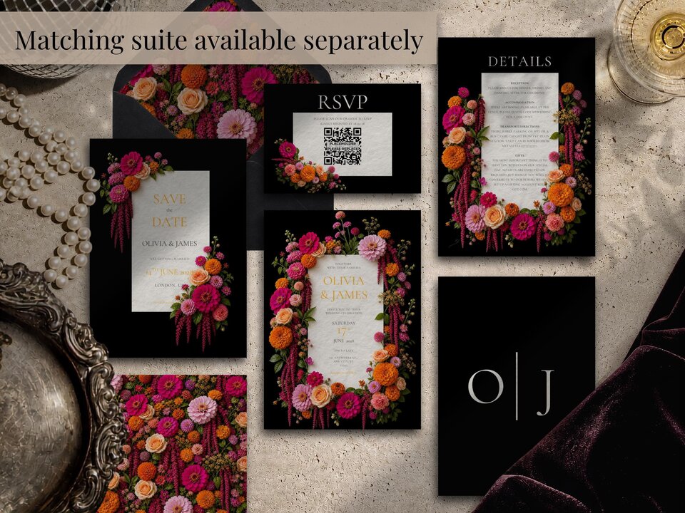 An arrangement of matching wedding stationery suite items featuring dark backgrounds and colorful floral accents.