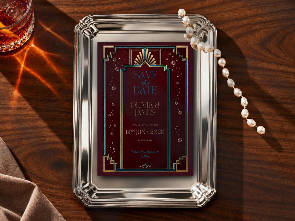 Football save the date featuring claret and sky blue Art Deco styling with hammer and bubble details and subtle soccer heritage details.
