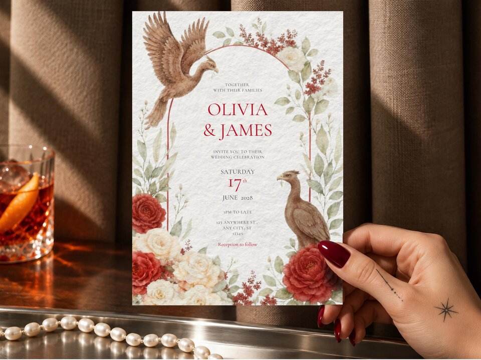 A hand holding a wedding invitation featuring red roses and birds, displayed on a wooden surface with a glass of whiskey and pearls.