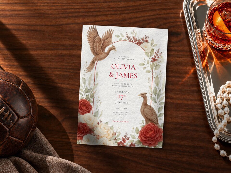 A wedding invitation card featuring red and white florals and two birds, placed on a wooden table next to a brown leather football and pearls.