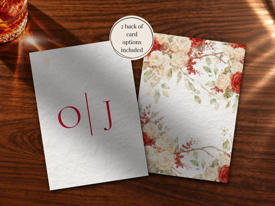 Two wedding card templates with floral artwork and red lettering, shown against a wooden backdrop.