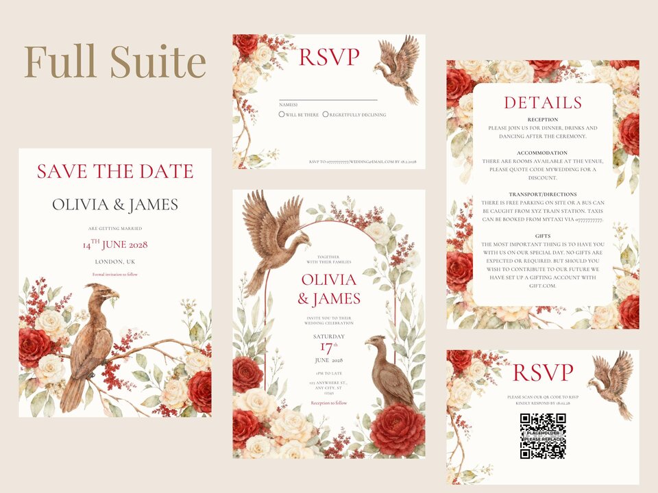 A complete wedding stationery suite laid out on a neutral background, featuring save the date, invitations, RSVP cards with QR codes, and details cards decorated with red flowers and bird illustrations.
