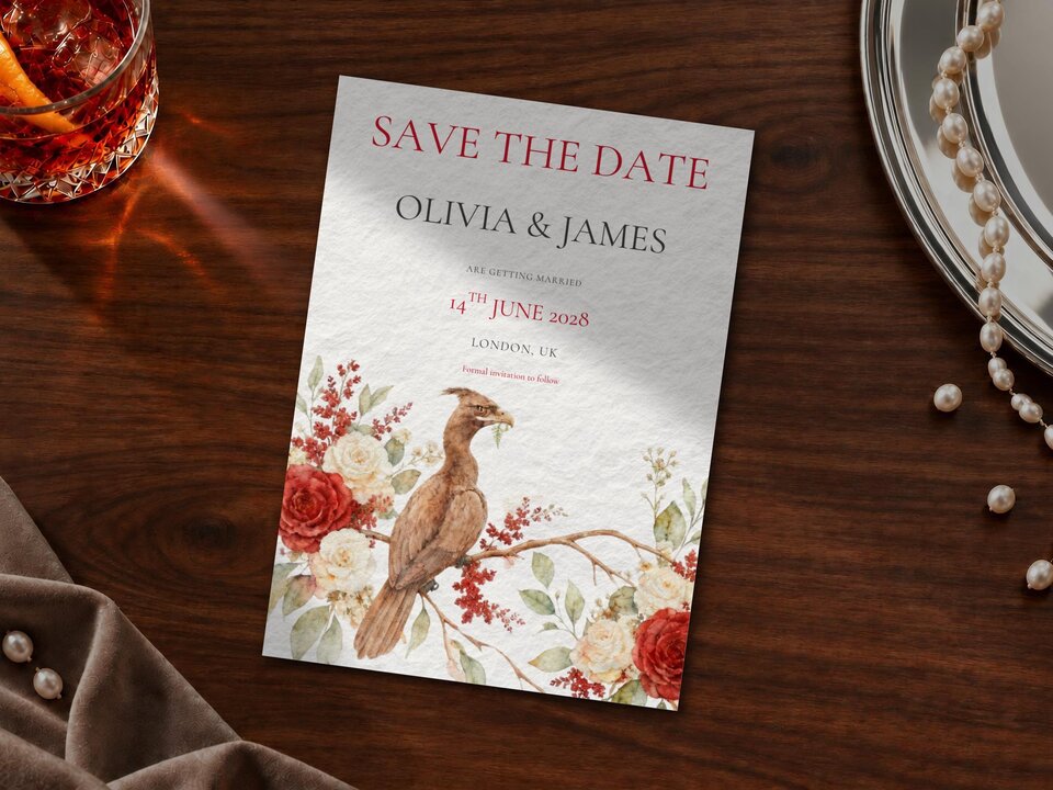 A Save the Date stationery card featuring red and white floral artwork and a bird illustration, placed on a wooden tabletop.