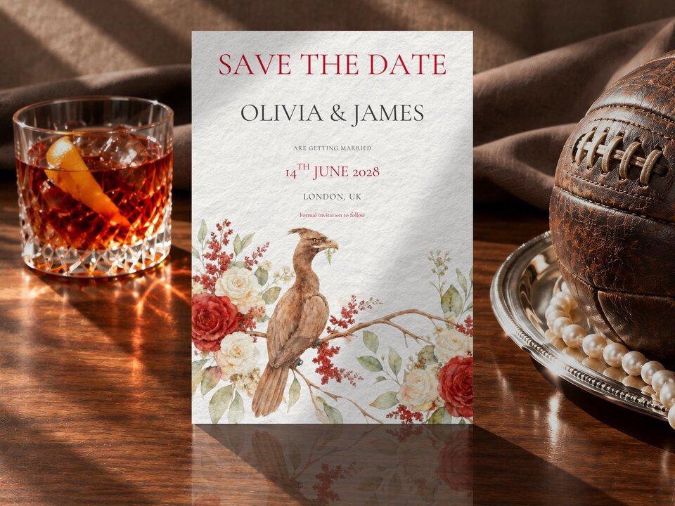 A Save the Date card stood vertically on a wooden table beside a glass of amber liquid and a leather football.