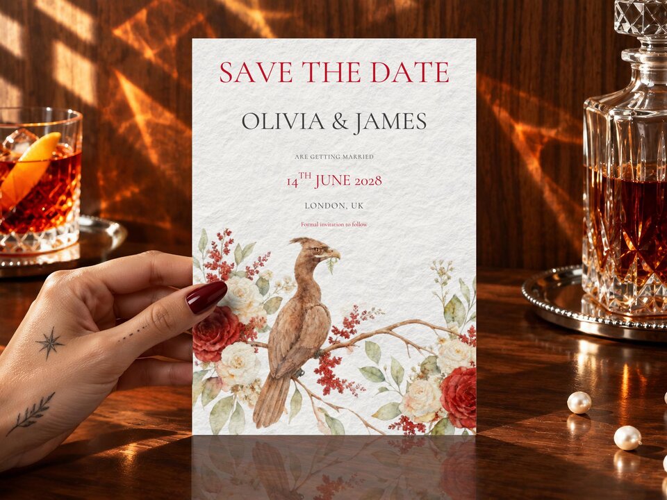 A hand holding a save the date card with watercolor bird and floral design against a wooden background.