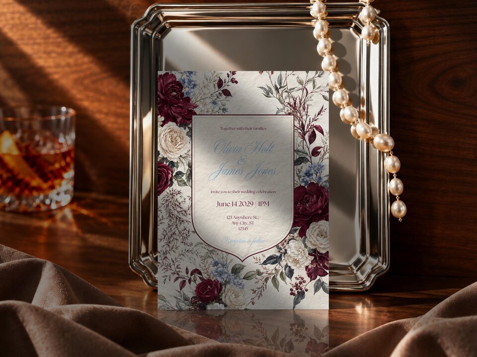 The wedding invitation stands upright against a silver tray on a wooden surface, accompanied by a glass of whiskey and a draped fabric.