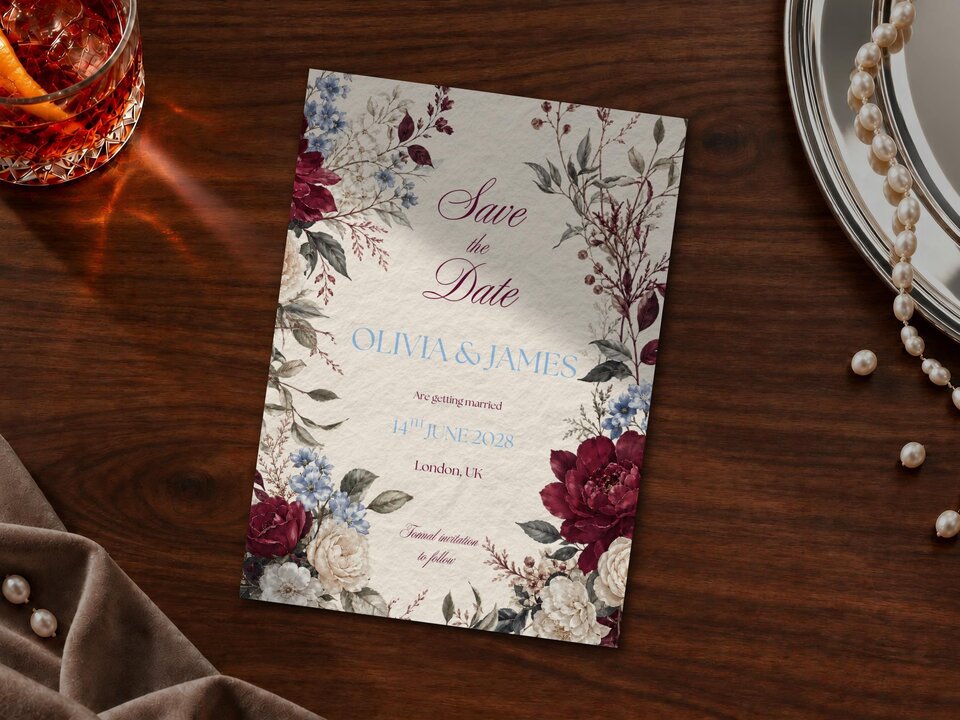 A single Save the Date card with burgundy and blue floral corners is displayed diagonally on a dark wood table beside a glass of whiskey.