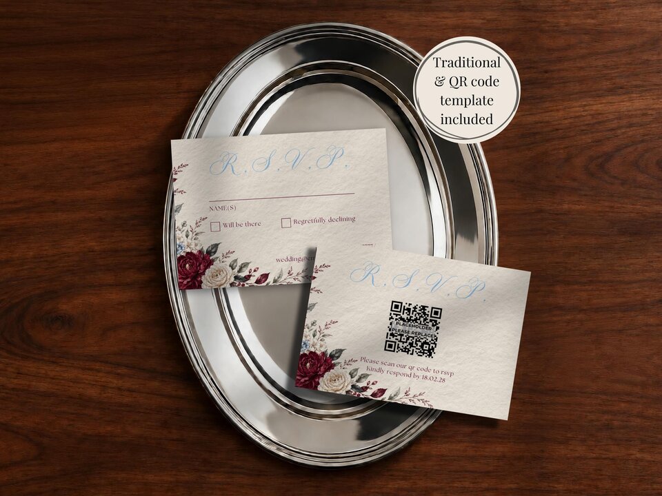 Two RSVP wedding cards with burgundy floral corners rest on a silver platter over a wooden table, with an overlaid text bubble.
