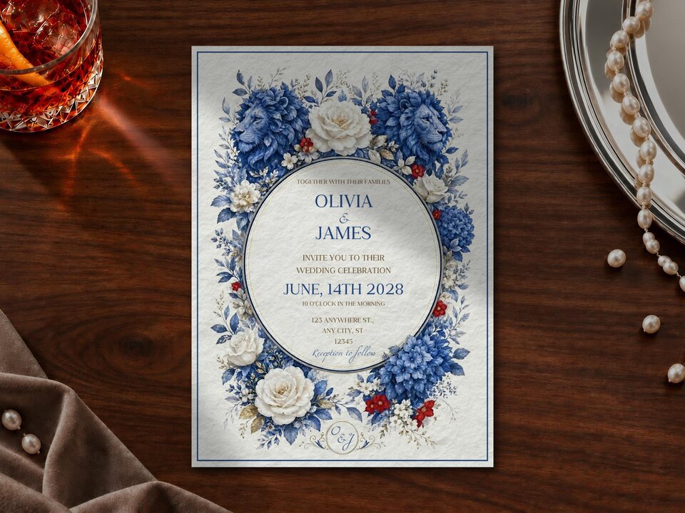 A wedding invitation template featuring blue lions and floral arrangements on a dark wooden table with a glass of whiskey and pearls.