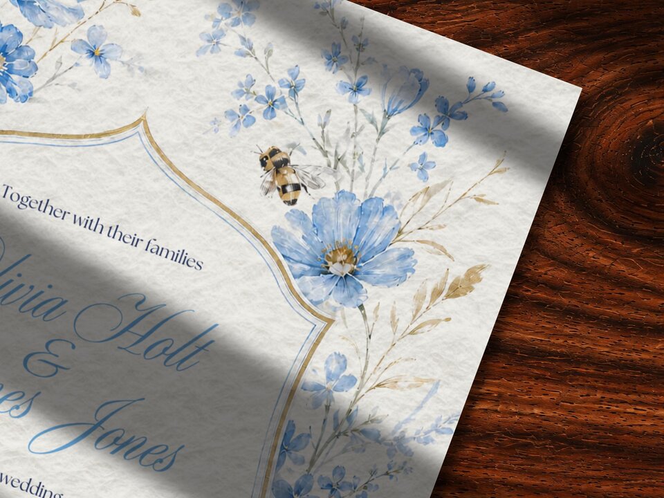 A close-up view of the upper left corner of a wedding invitation showcasing detailed blue and white watercolor cosmos and cornflowers, a small bee illustration, and elegant blue typography.