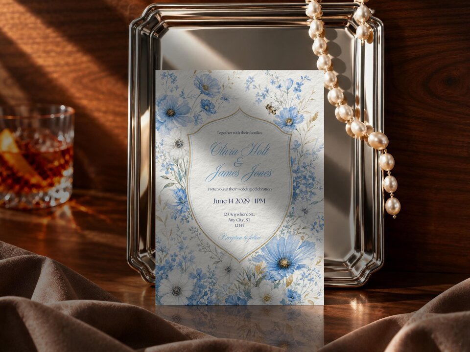 A wedding invitation card stands upright in front of a silver tray, draped in fabric with a string of pearls, beside a glass of amber-colored drink on a wooden table.