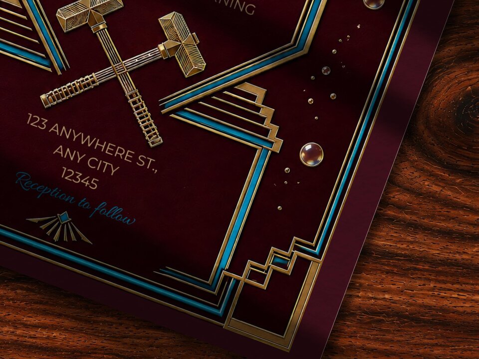 A close-up shot of the wedding invitation shows crossed gold mallets and blue art deco framing.