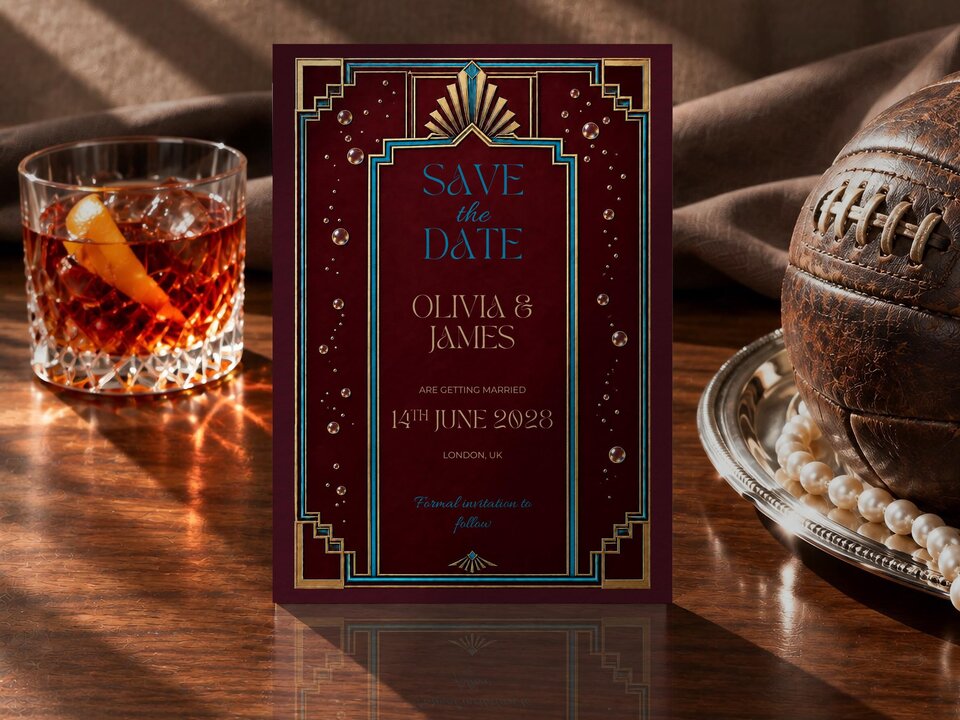 A save the date card for a wedding is displayed upright with a glass of whiskey and a vintage football.