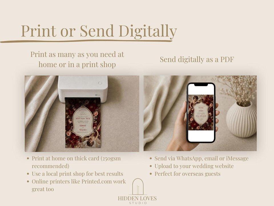 Two images showing printing options, with one hand feeding a card into a small printer and another holding a phone displaying the digital invitation.