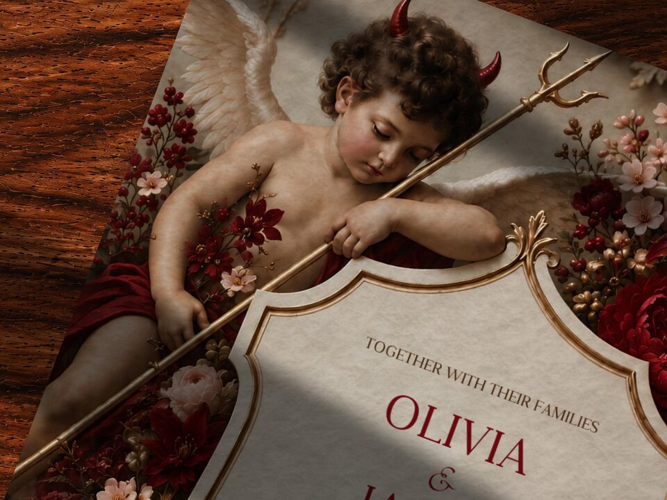 A close-up view of the wedding invitation details, showing a winged cherub with red devil horns holding a pitchfork next to a floral crest.